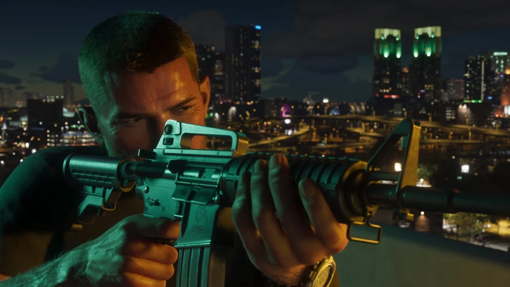 Jason overlooking the city at night with a rifle